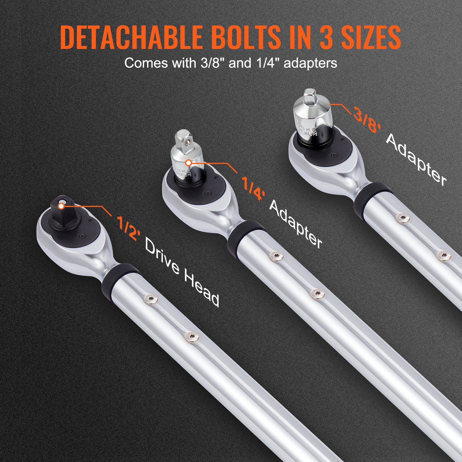 VEVOR digital torque wrench with 1/2&quot; drive head, 3/8&quot; and 1/4&quot; adapters, and detachable bolts.