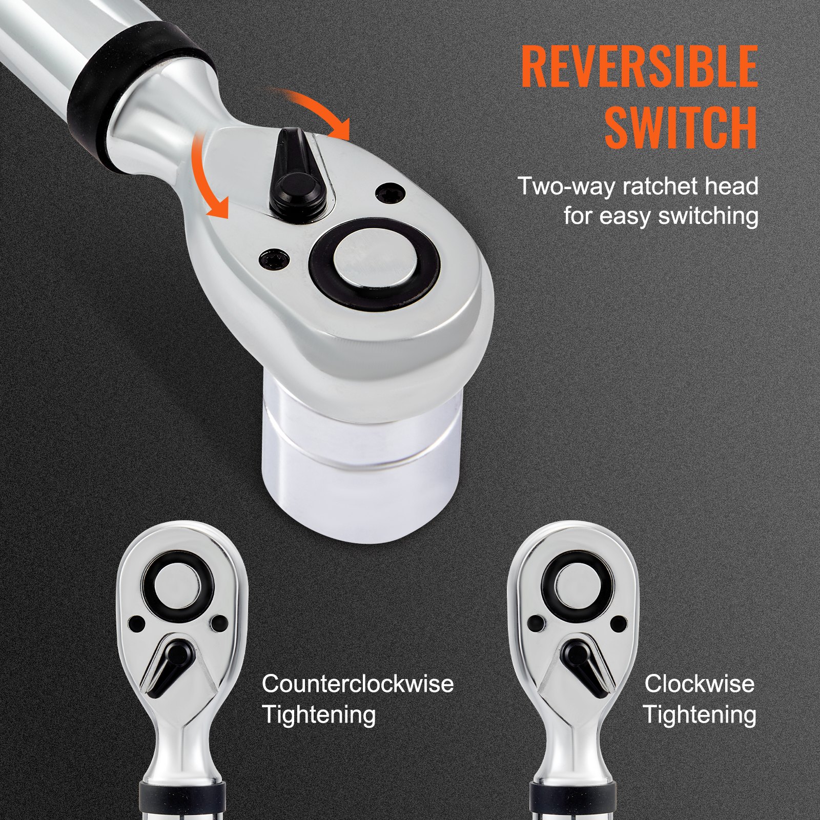VEVOR digital torque wrench with reversible switch for two-way ratchet and easy tightening options.