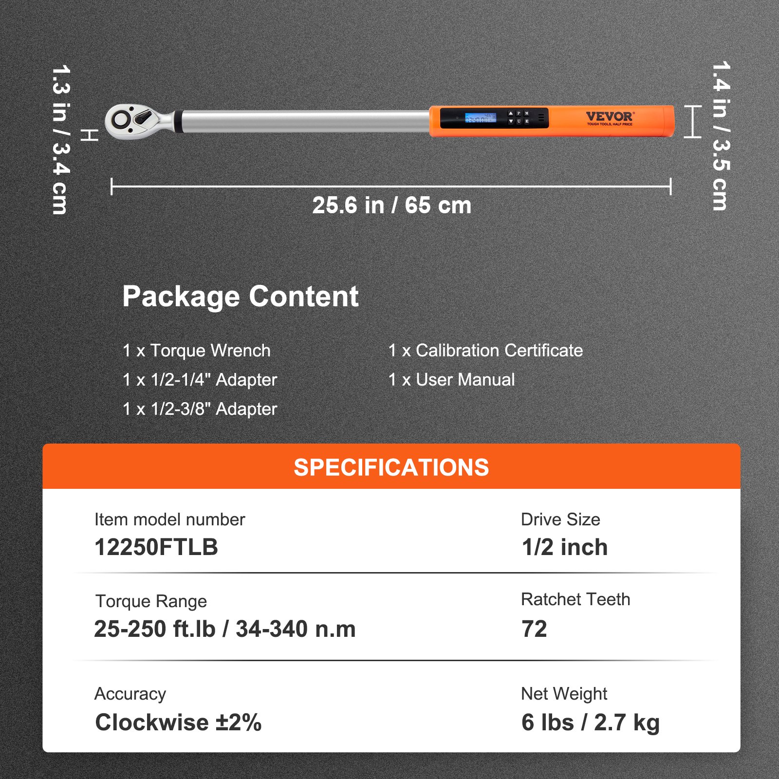 VEVOR digital torque wrench detailed with package contents and specifications, including torque range and accuracy.