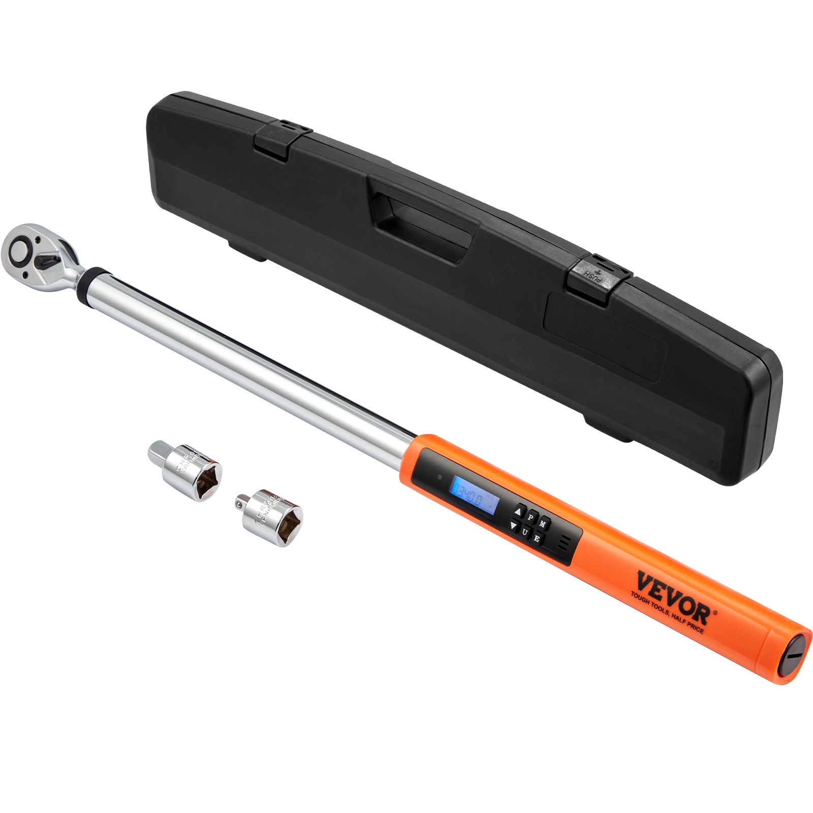 VEVOR digital torque wrench with lcd display, case, and two sockets.