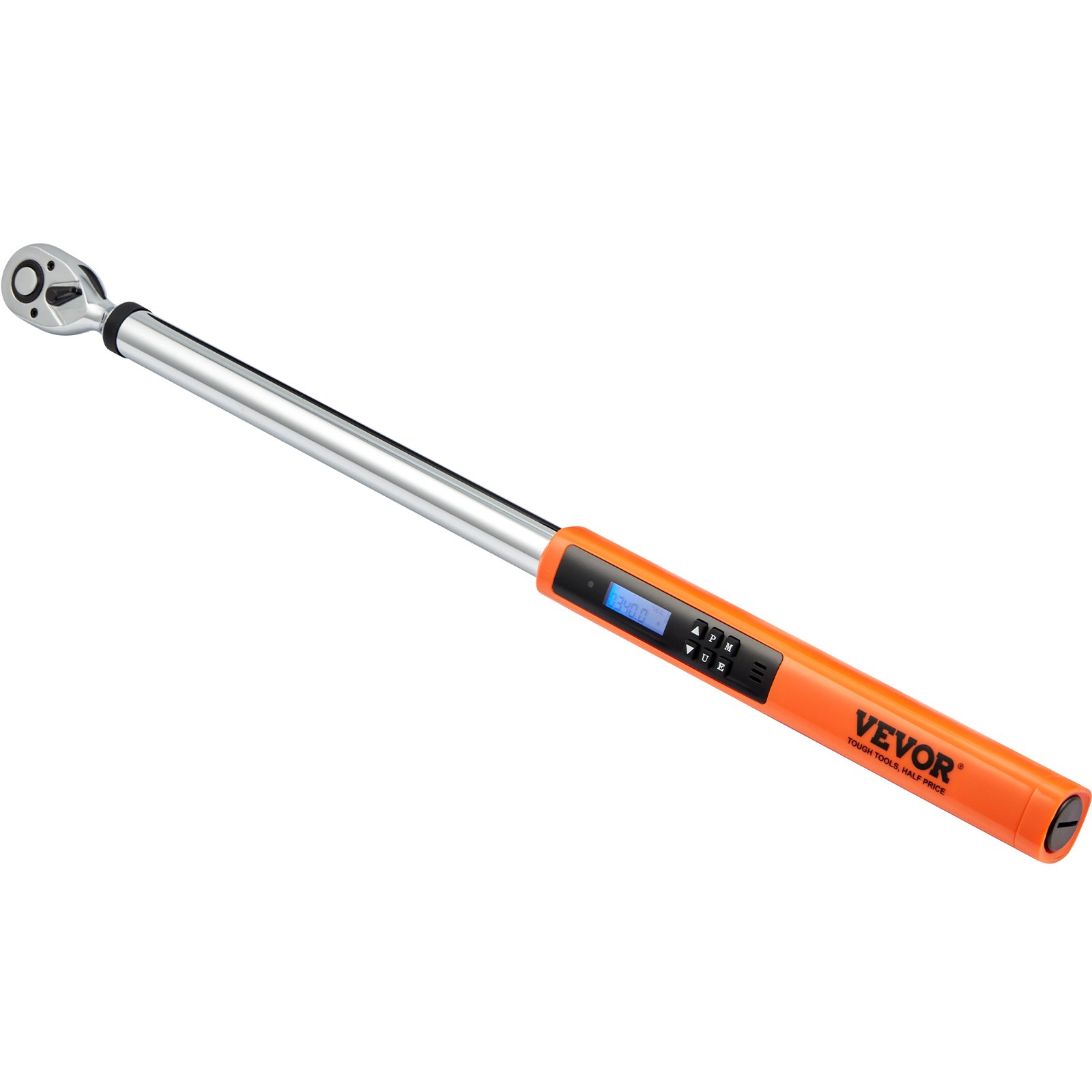 VEVOR digital torque wrench with orange handle and lcd screen, displaying measurements.