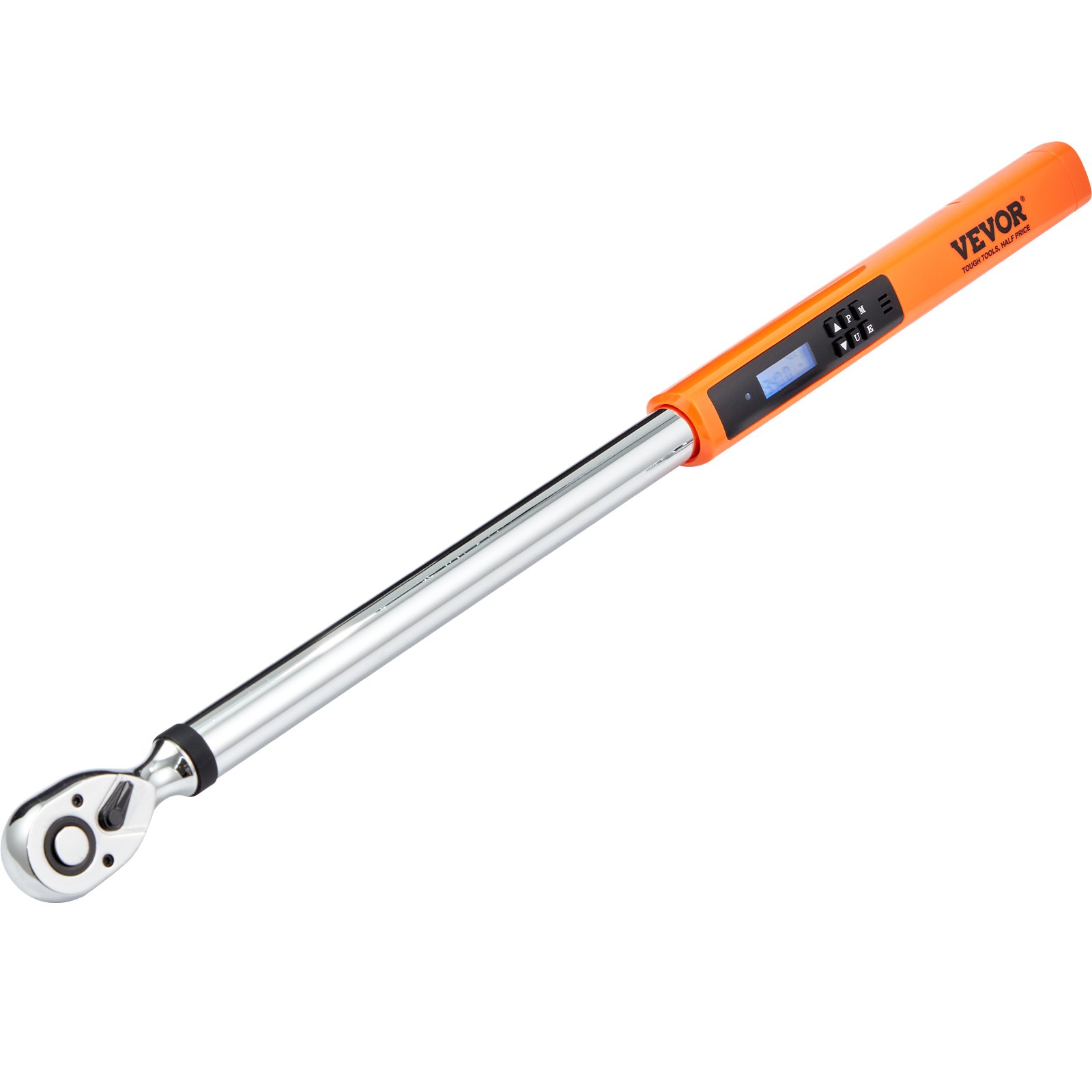VEVOR digital torque wrench with an orange handle and digital display screen.