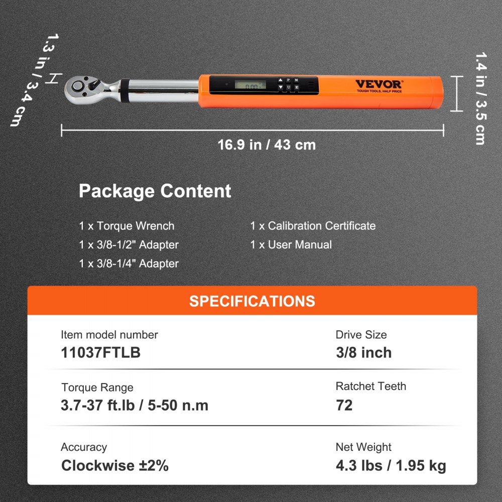 VEVOR Digital Torque Wrench, 3/8" Drive Electronic Torque Wrench, Torque Wrench Kit 3.7-37ft.lb/5-50n.m Torque Range Accurate to ±2%,  3-Mode Adjustable Torque Wrench Set with LED Buzzer Calibration
