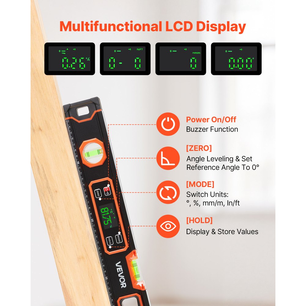 VEVOR Digital Level, 600 mm, Magnetic Electronic Level with LED Backlit Display, 360° Electronic Leveler Tool with 0°/45°/90° Bubble Vials, IP54 Rating for Construction Carpentry Home Renovation