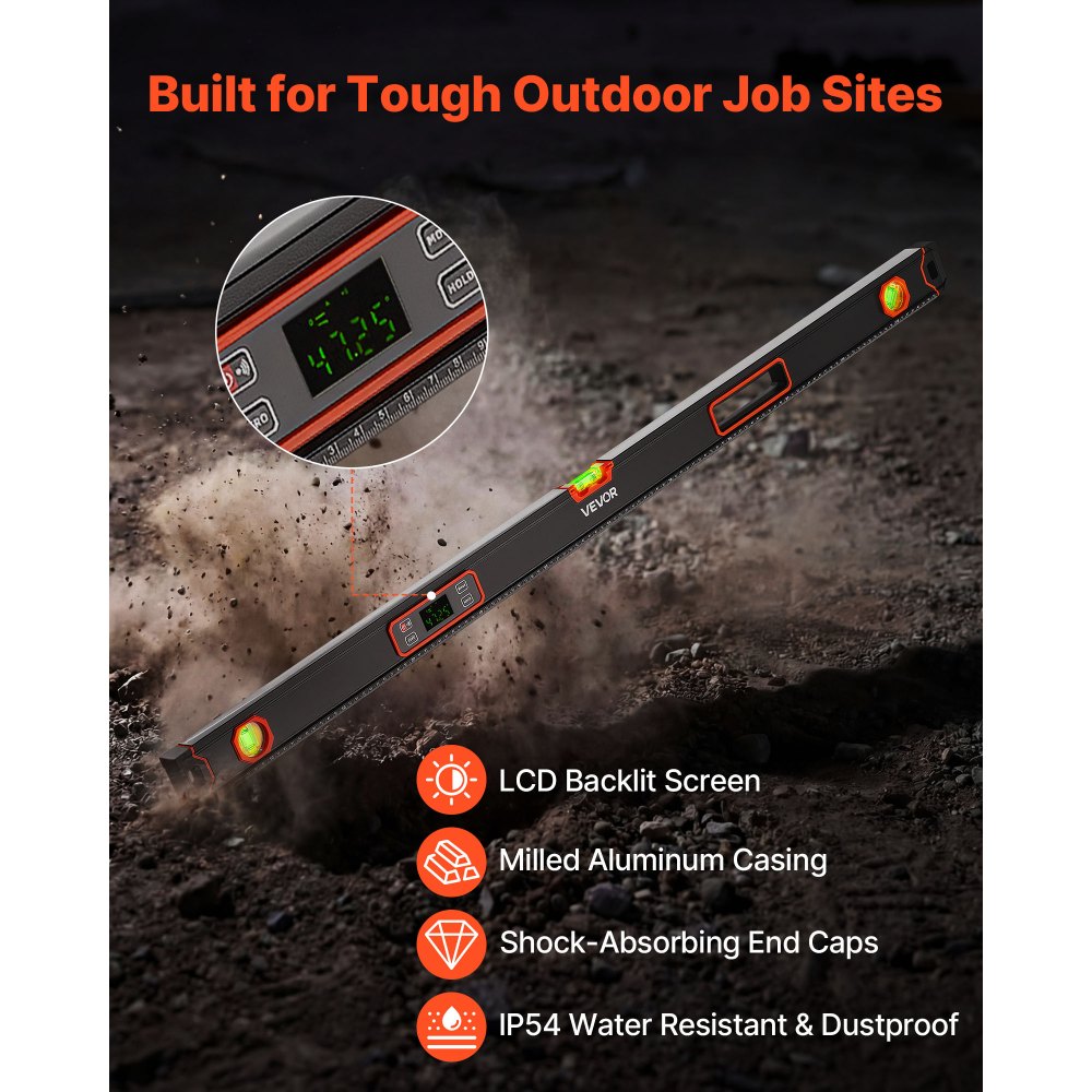 VEVOR Digital Level, 1200 mm, Magnetic Electronic Level with LED Backlit Display, 360° Electronic Leveler Tool with 0°/45°/90° Bubble Vials, IP54 Rating for Construction Carpentry Home Renovation