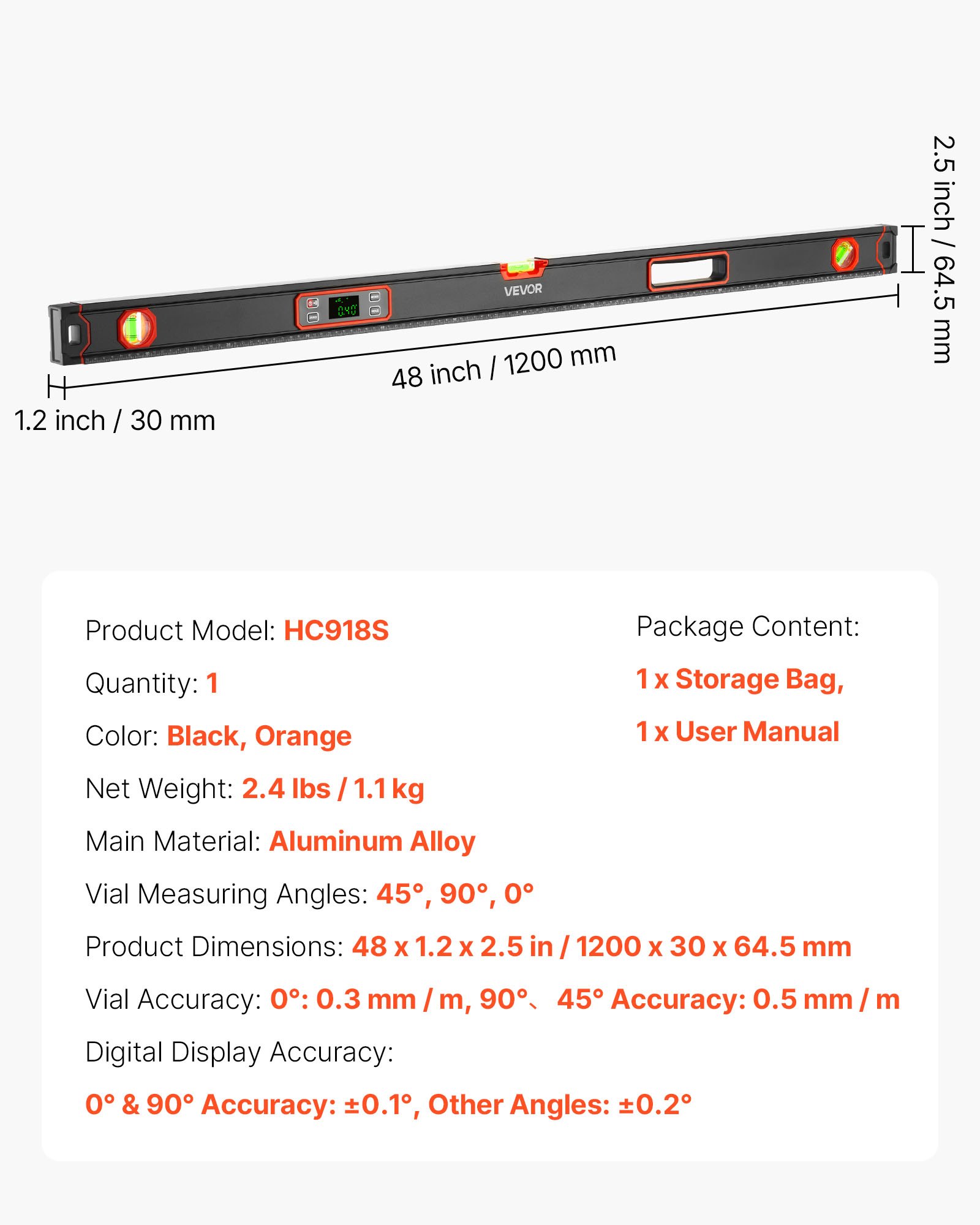 VEVOR Digital Level, 1200 mm, Magnetic Electronic Level with LED Backlit Display, 360° Electronic Leveler Tool with 0°/45°/90° Bubble Vials, IP54 Rating for Construction Carpentry Home Renovation