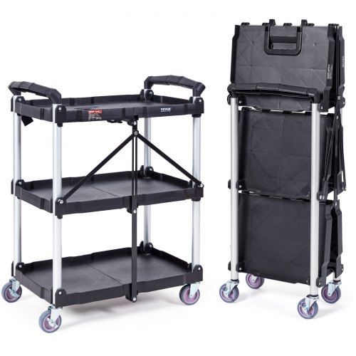 VEVOR Foldable Utility Service Cart, 3 Shelf 165LBS Heavy Duty Plastic Rolling Cart with Lockable Wheels, Ergonomic Handle, Portable Garage Tool Cart for Warehouse/Office/Home(25.62"x15.43"x32.76")