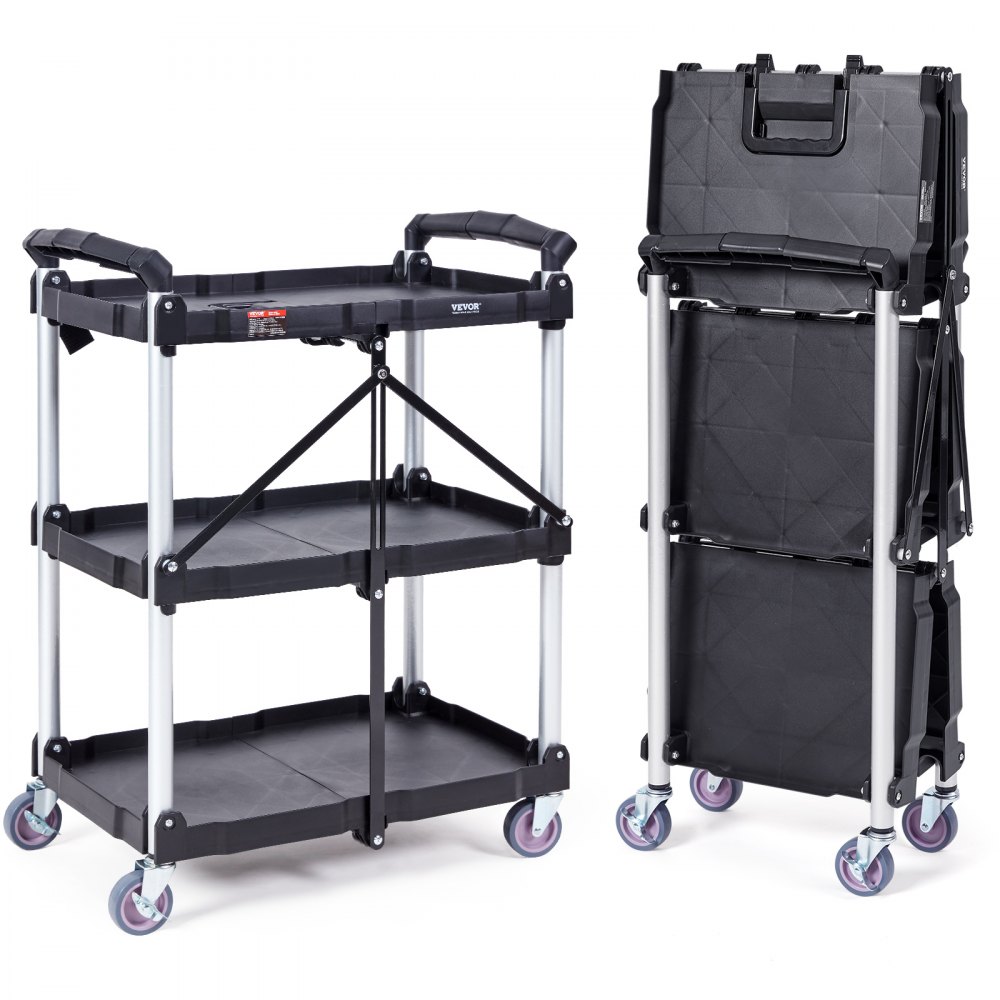 VEVOR Foldable Utility Service Cart 3 Shelf 165LBS Heavy Duty Plastic Rolling Cart with Swivel Wheels (2 with Brakes) Ergonomic Handle Portable
