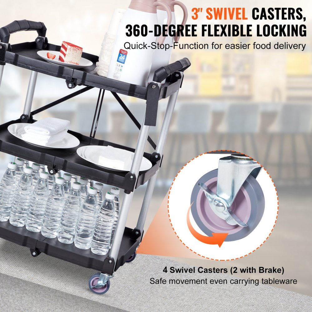 VEVOR utility service cart with 4&quot; swivel casters, carrying water bottles, plates, and a thermos.