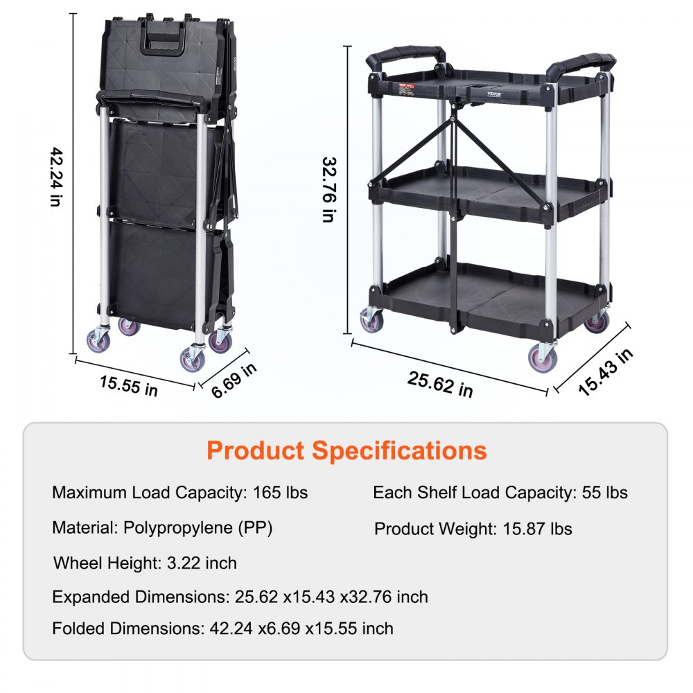 VEVOR utility service cart, 3-tier, foldable, dimensions, and specifications highlighted.
