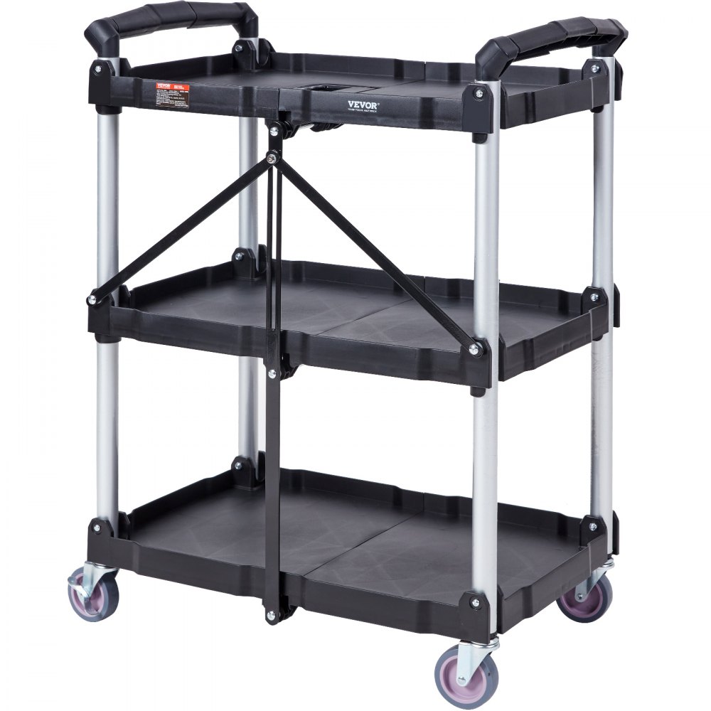 VEVOR utility service cart with three black shelves, metal frames, and four wheels for easy mobility.