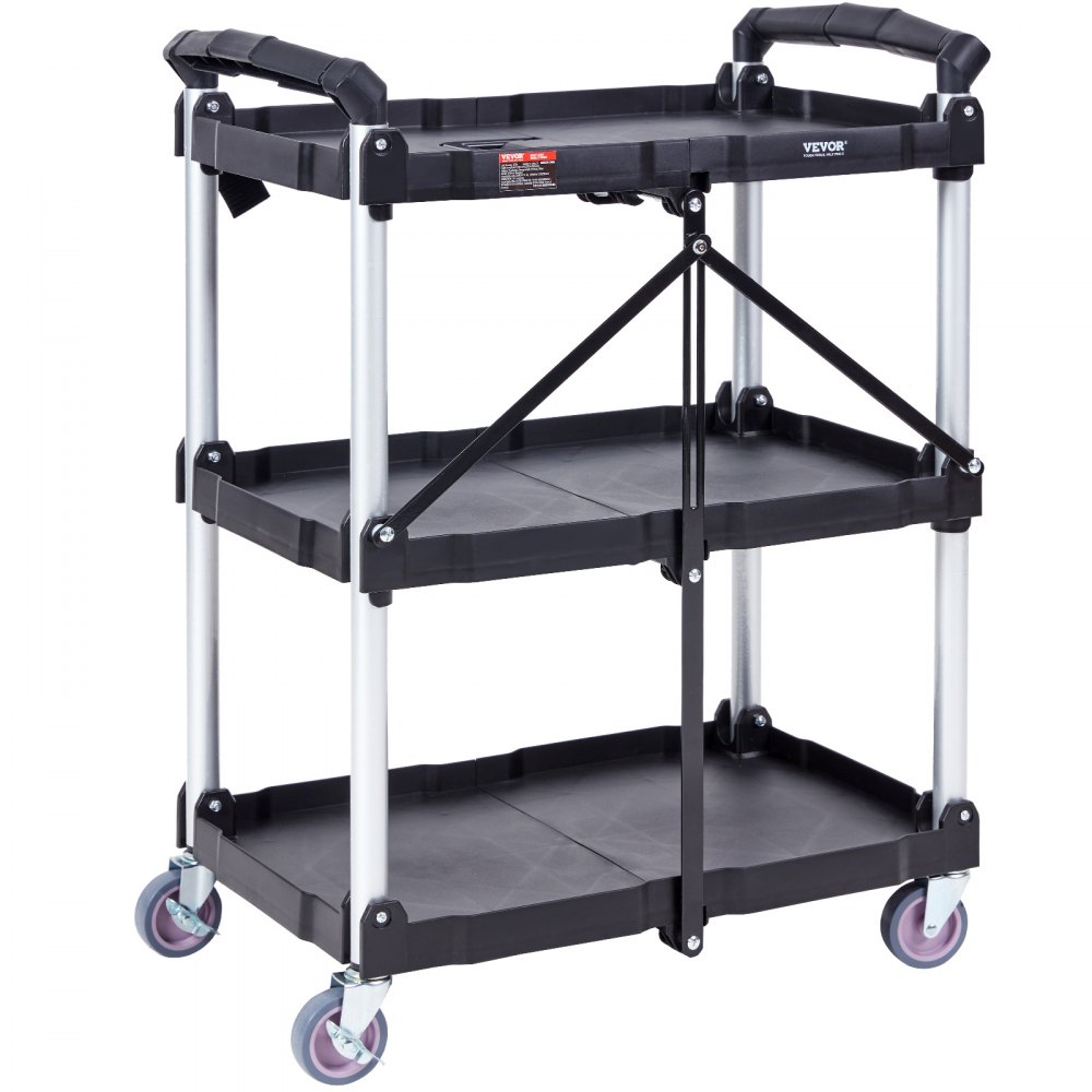 VEVOR utility service cart with three black shelves, aluminum legs, and rolling wheels.