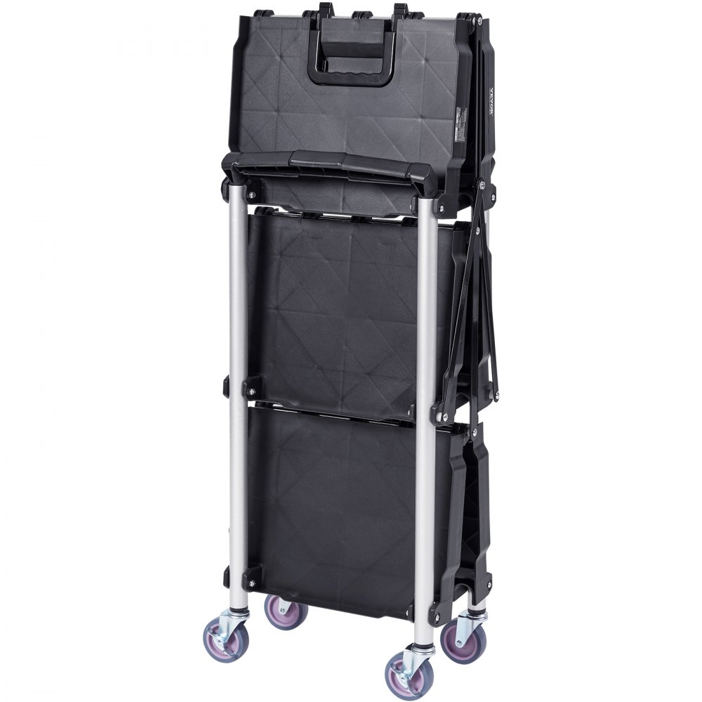 VEVOR Foldable Utility Service Cart, 3 Shelf 165LBS Heavy Duty Plastic Rolling Cart with Lockable Wheels, Ergonomic Handle, Portable Garage Tool Cart for Warehouse/Office/Home(25.62"x15.43"x32.76")