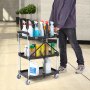 person pushing a VEVOR utility service cart filled with various cleaning supplies in a modern hallway.