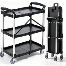 VEVOR Foldable Utility Service Cart, 3 Shelf 165LBS Heavy Duty Plastic Rolling Cart with Lockable Wheels, Ergonomic Handle, Portable Garage Tool Cart for Warehouse/Office/Home(25.62"x15.43"x32.76")