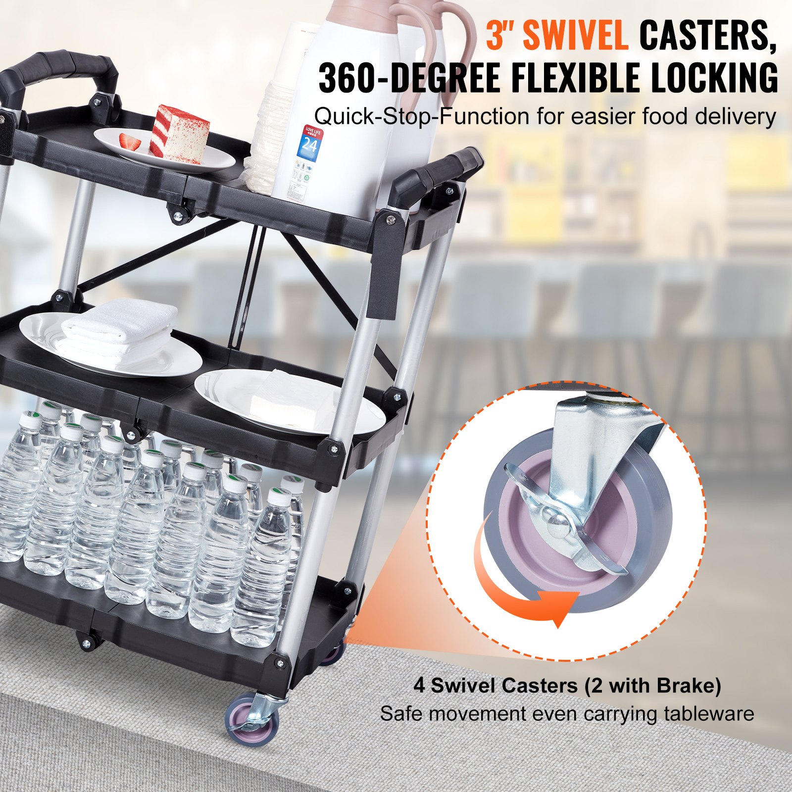 VEVOR utility service cart with 4&quot; swivel casters, carrying water bottles, plates, and a thermos.
