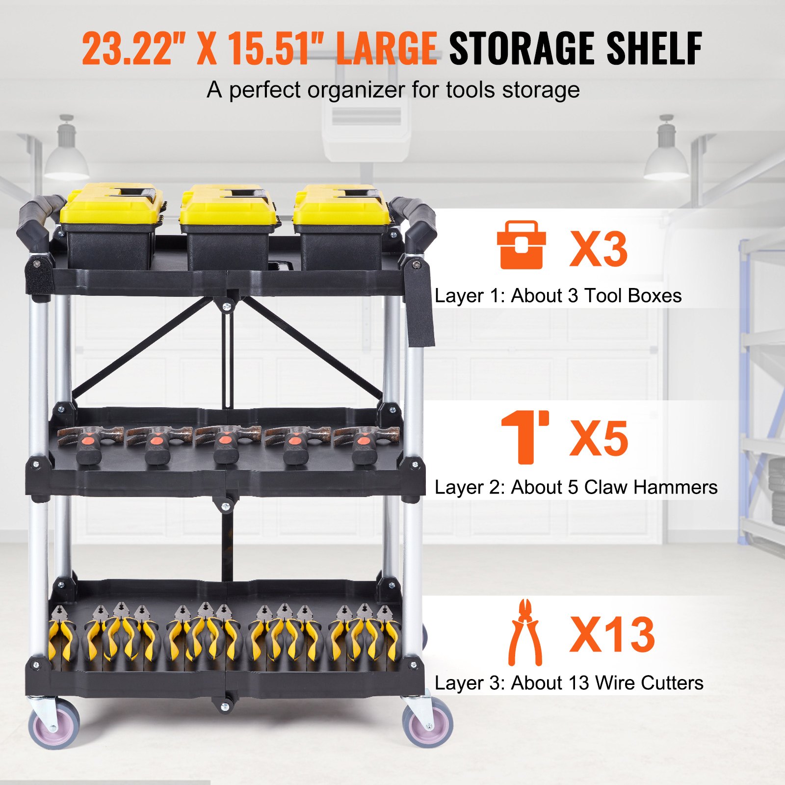 VEVOR utility service cart with large 23.22&quot;x15.51&quot; storage shelf, holding toolboxes, hammers, wire cutters.
