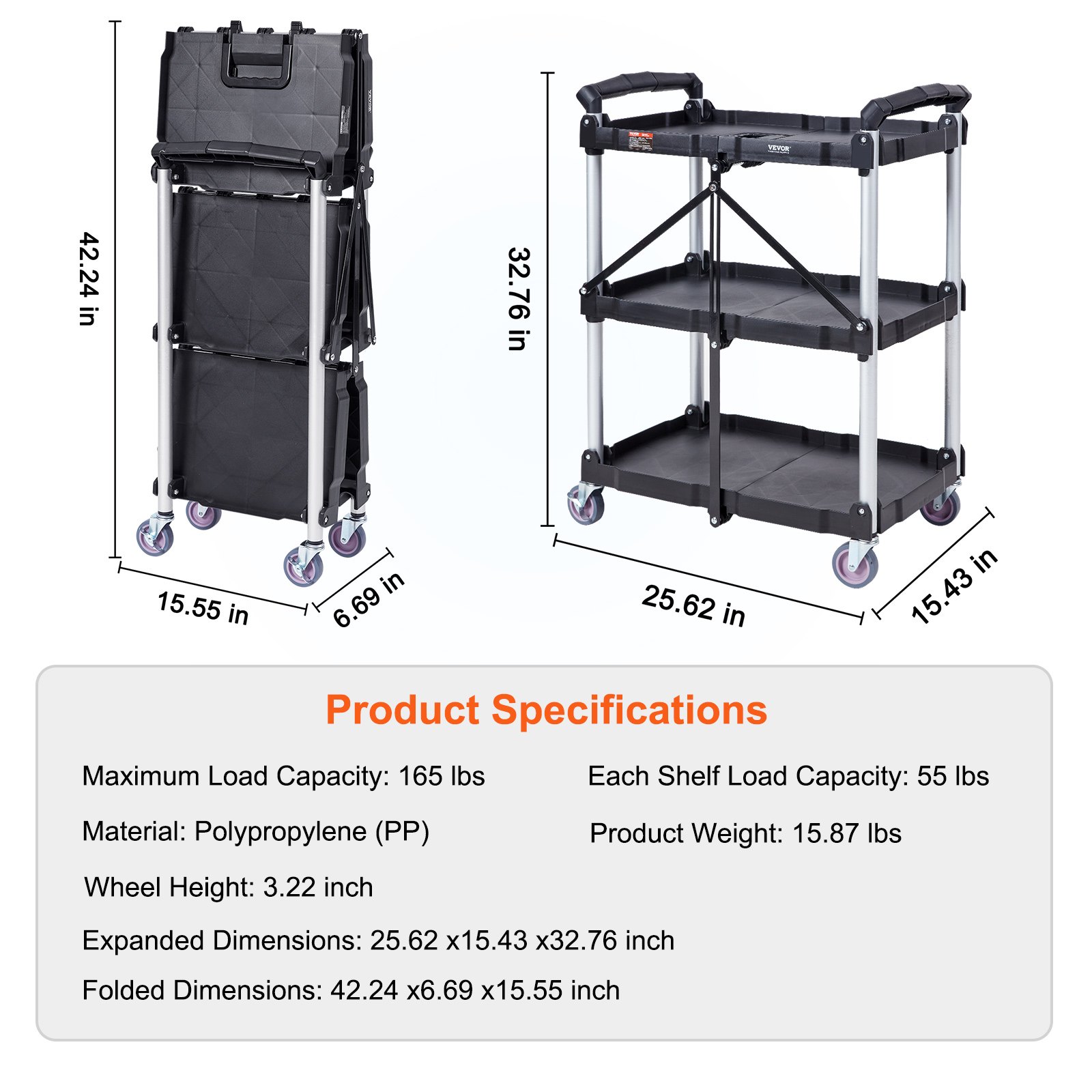 VEVOR utility service cart, 3-tier, foldable, dimensions, and specifications highlighted.