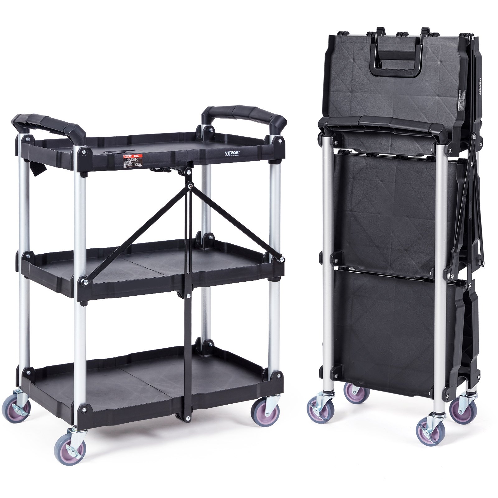 VEVOR utility service cart with three shelves and collapsible frame, featuring swivel wheels for easy mobility.