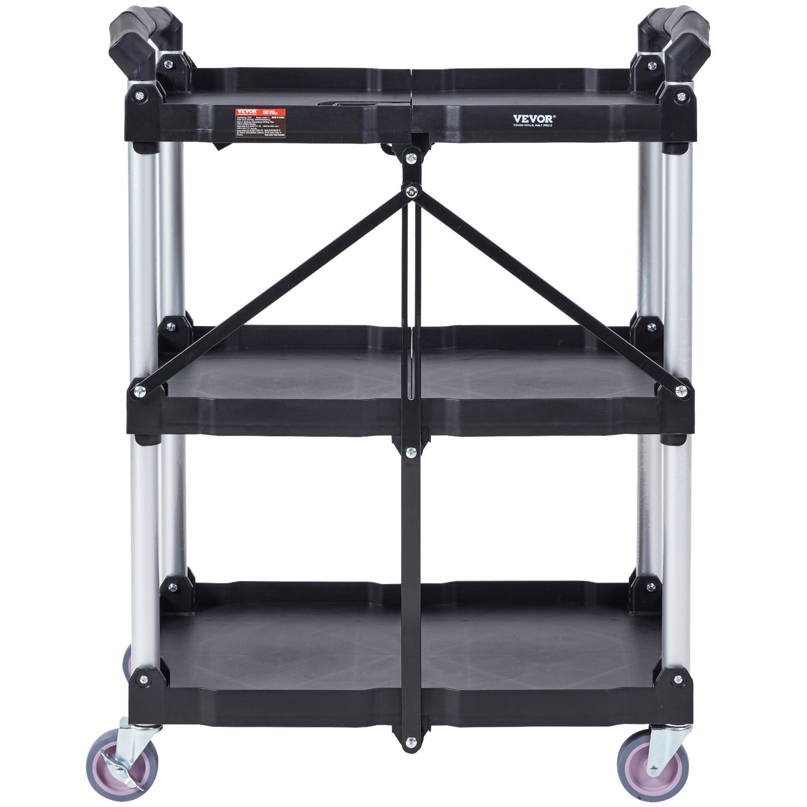 three-tier black VEVOR utility service cart with silver frame and four caster wheels.