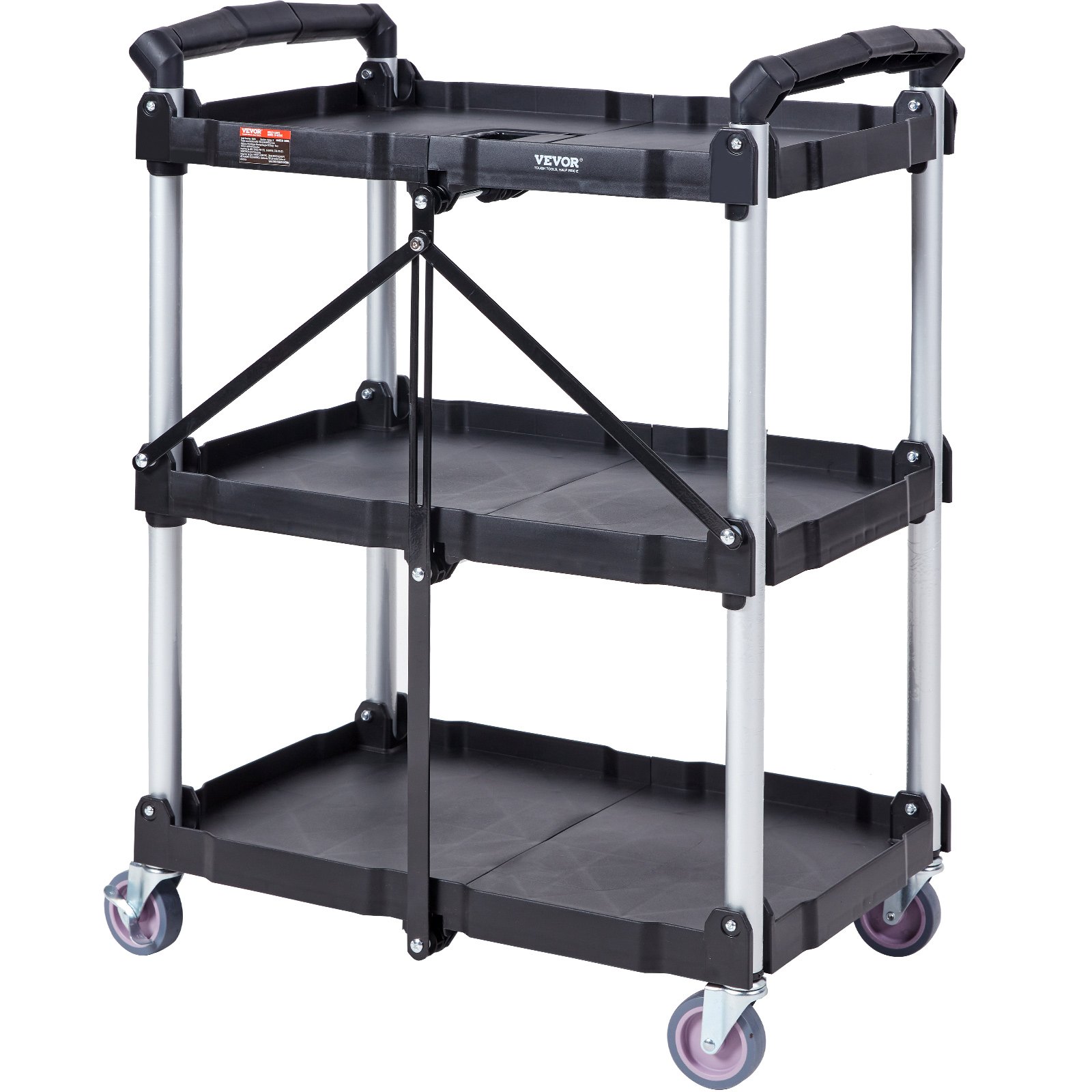VEVOR utility service cart with three black shelves, metal frames, and four wheels for easy mobility.