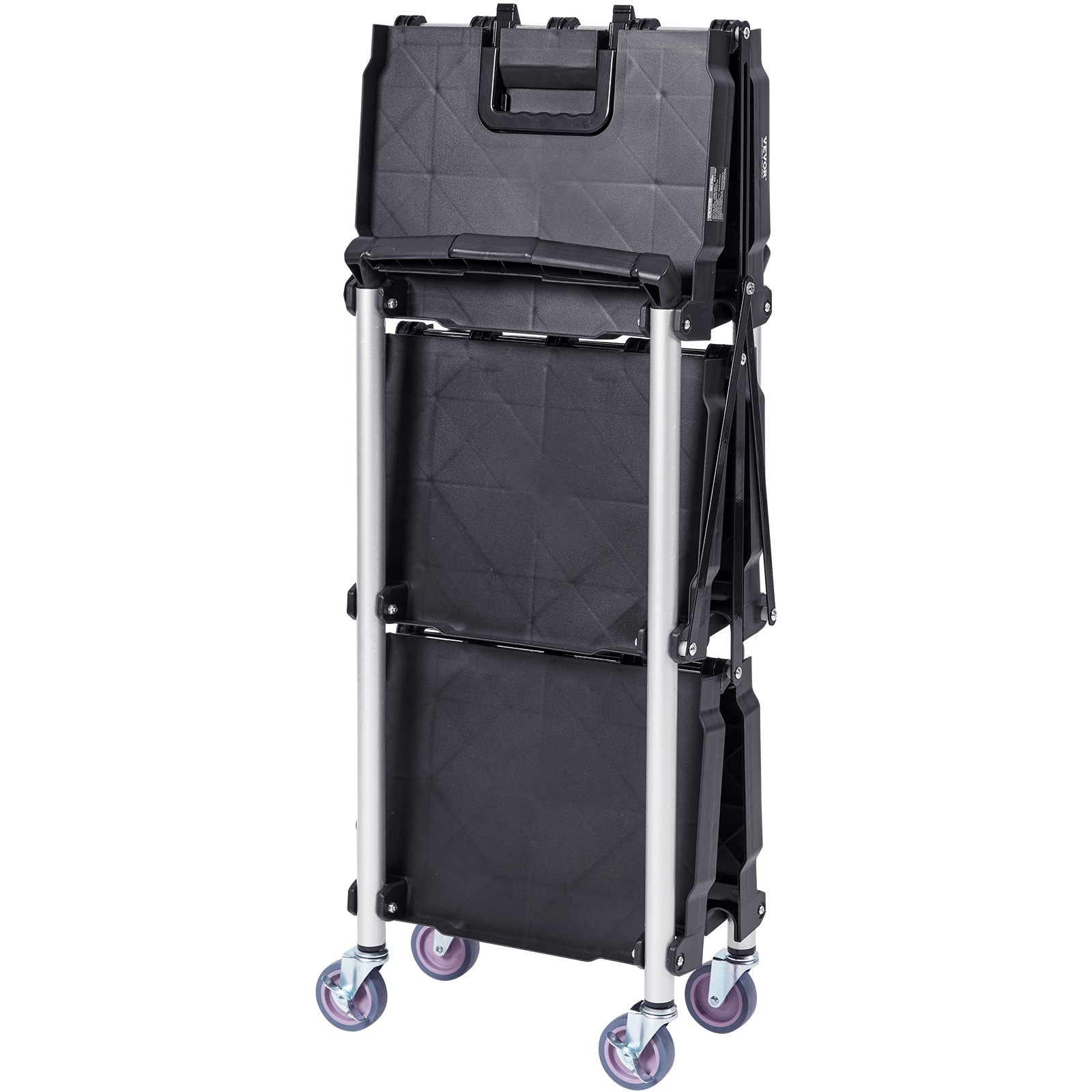 collapsible VEVOR utility service cart with handle and caster wheels.