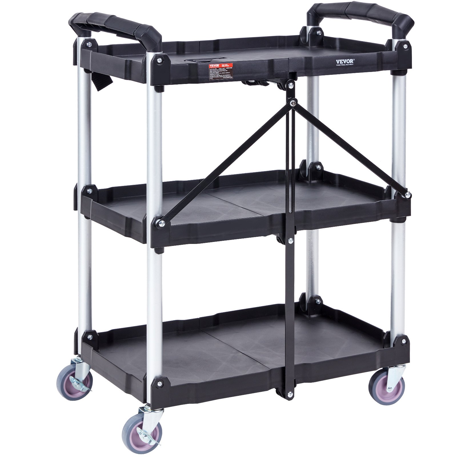 VEVOR utility service cart with three black shelves, aluminum legs, and rolling wheels.