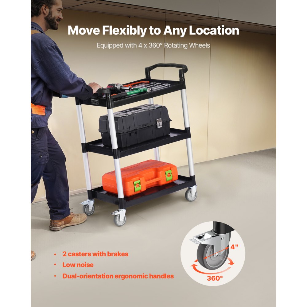VEVOR Utility Cart, 136 kg Load Capacity, 3-tier Utility Plastic Cart with 360° Swivel Wheels (2 with Brakes), 620 x 410 mm Food Service Cart for Warehouse, Office, Home, Restaurant, Kitchen