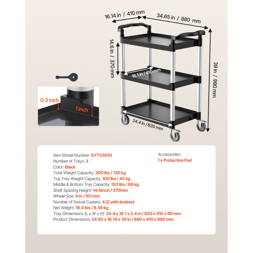 VEVOR Utility Cart, 136 kg Load Capacity, 3-tier Utility Plastic Cart with 360° Swivel Wheels (2 with Brakes), 620 x 410 mm Food Service Cart for Warehouse, Office, Home, Restaurant, Kitchen
