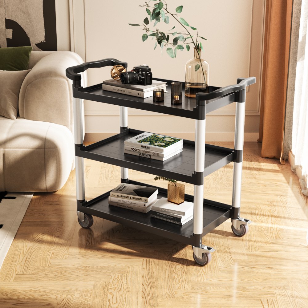 VEVOR Utility Cart, 136 kg Load Capacity, 3-tier Utility Plastic Cart with 360° Swivel Wheels (2 with Brakes), 620 x 410 mm Food Service Cart for Warehouse, Office, Home, Restaurant, Kitchen
