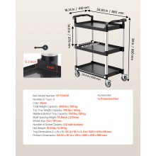 Heavy Duty Utility Cart 300 lbs Capacity 3-tier Service Cart with Wheels