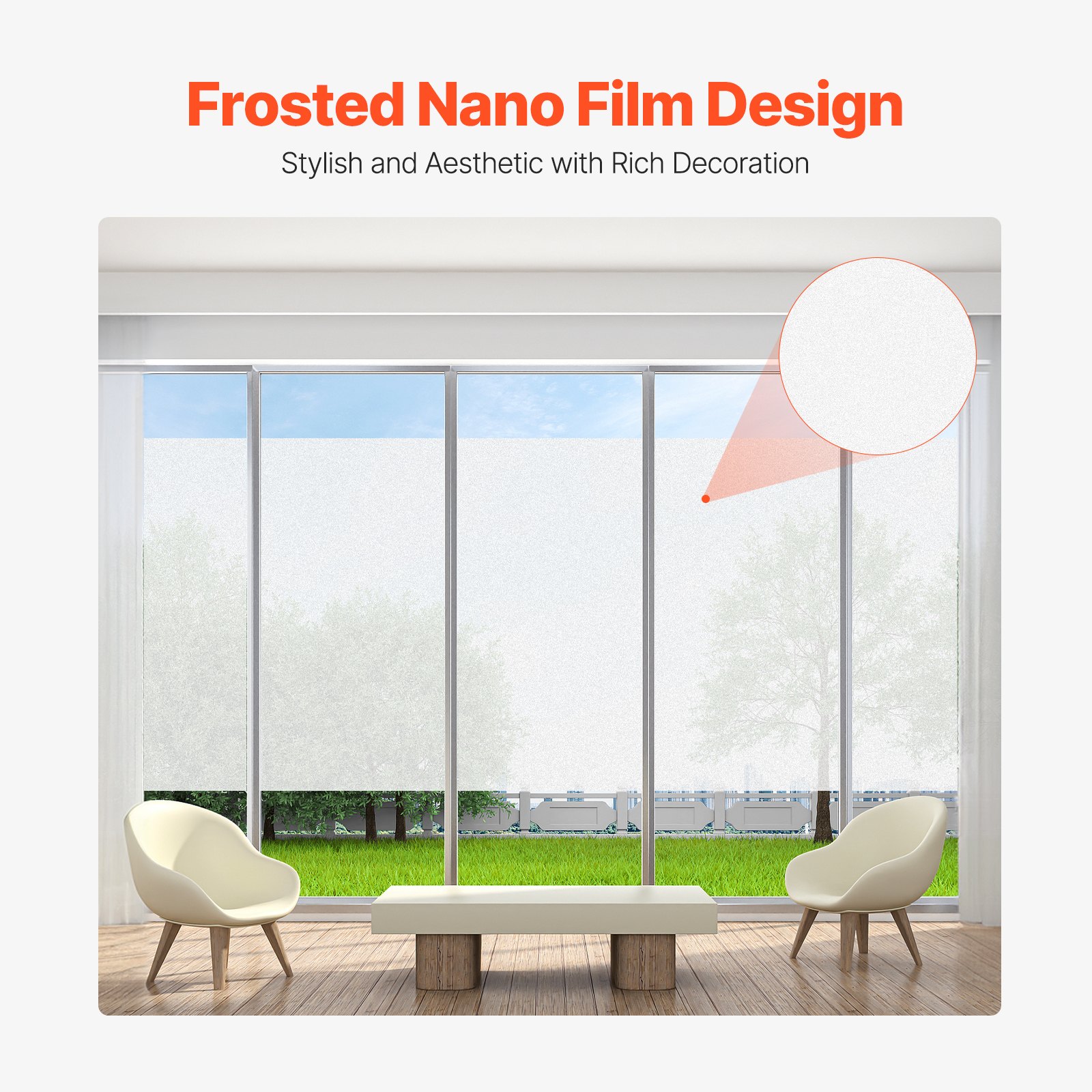 VEVOR Window Privacy Film, Frosted Glass Window Film, Sun Blocking Heat Control, Non Adhesive Static Cling Reflective Window Tint for Home and Office, Glass Door Bathroom Covering, 23.6 in x 6.5 ft
