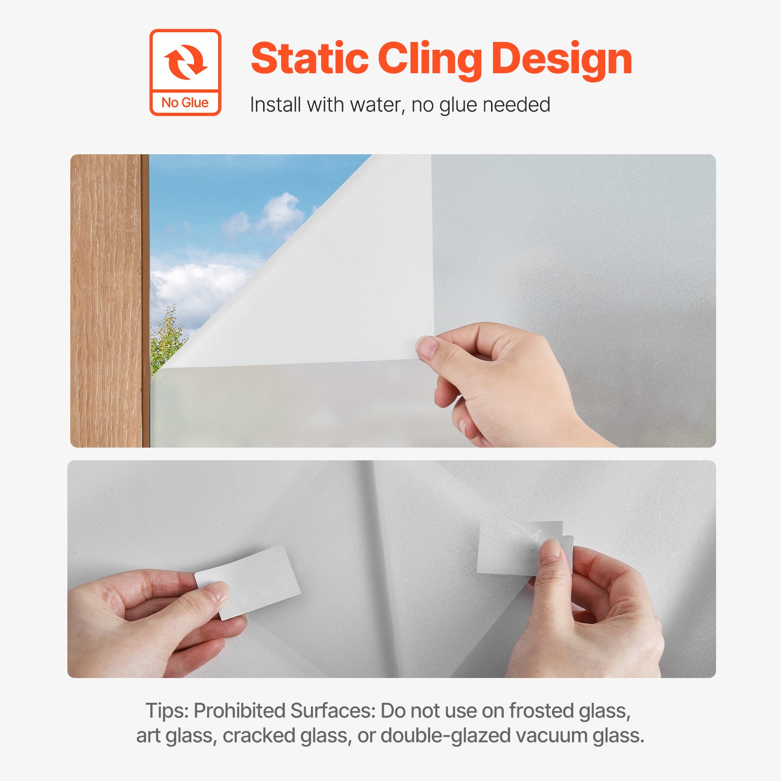 VEVOR Window Privacy Film, Frosted Glass Window Film, Sun Blocking Heat Control, Non Adhesive Static Cling Reflective Window Tint for Home and Office, Glass Door Bathroom Covering, 23.6 in x 6.5 ft