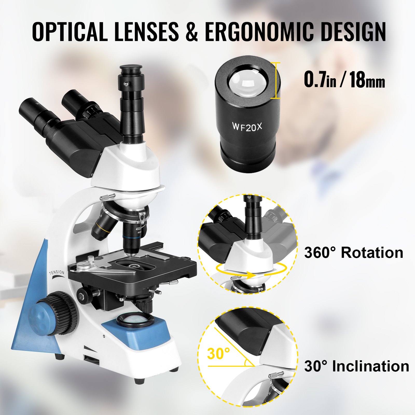 Vevor Trinocular Compound Microscope Compound Light Microscope 40x-1000x W/ Led