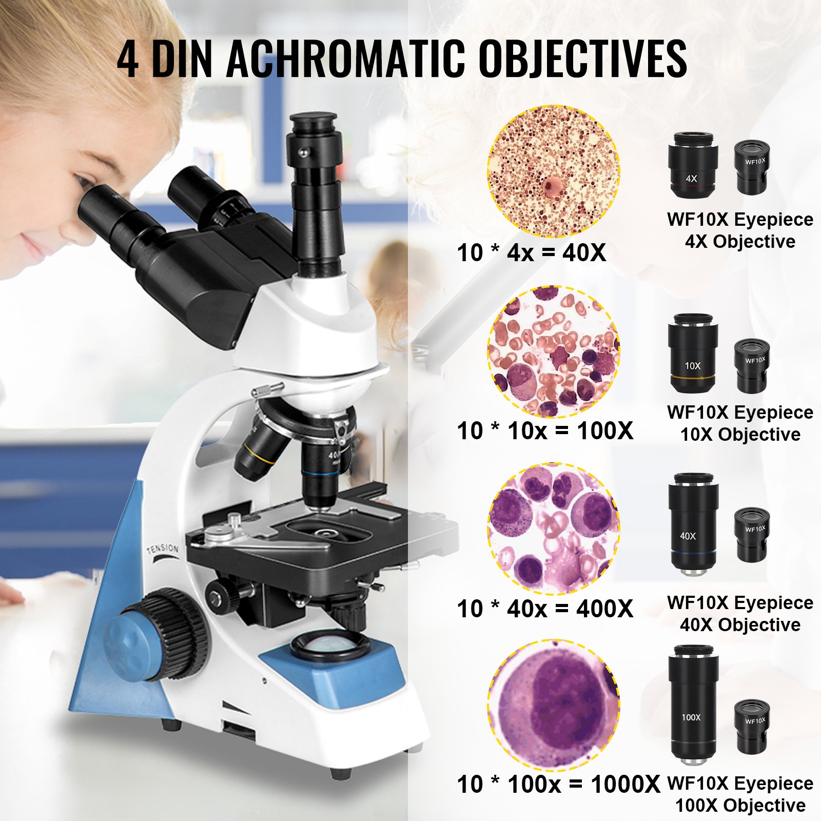 Vevor Trinocular Compound Microscope Compound Light Microscope 40x-1000x W/ Led