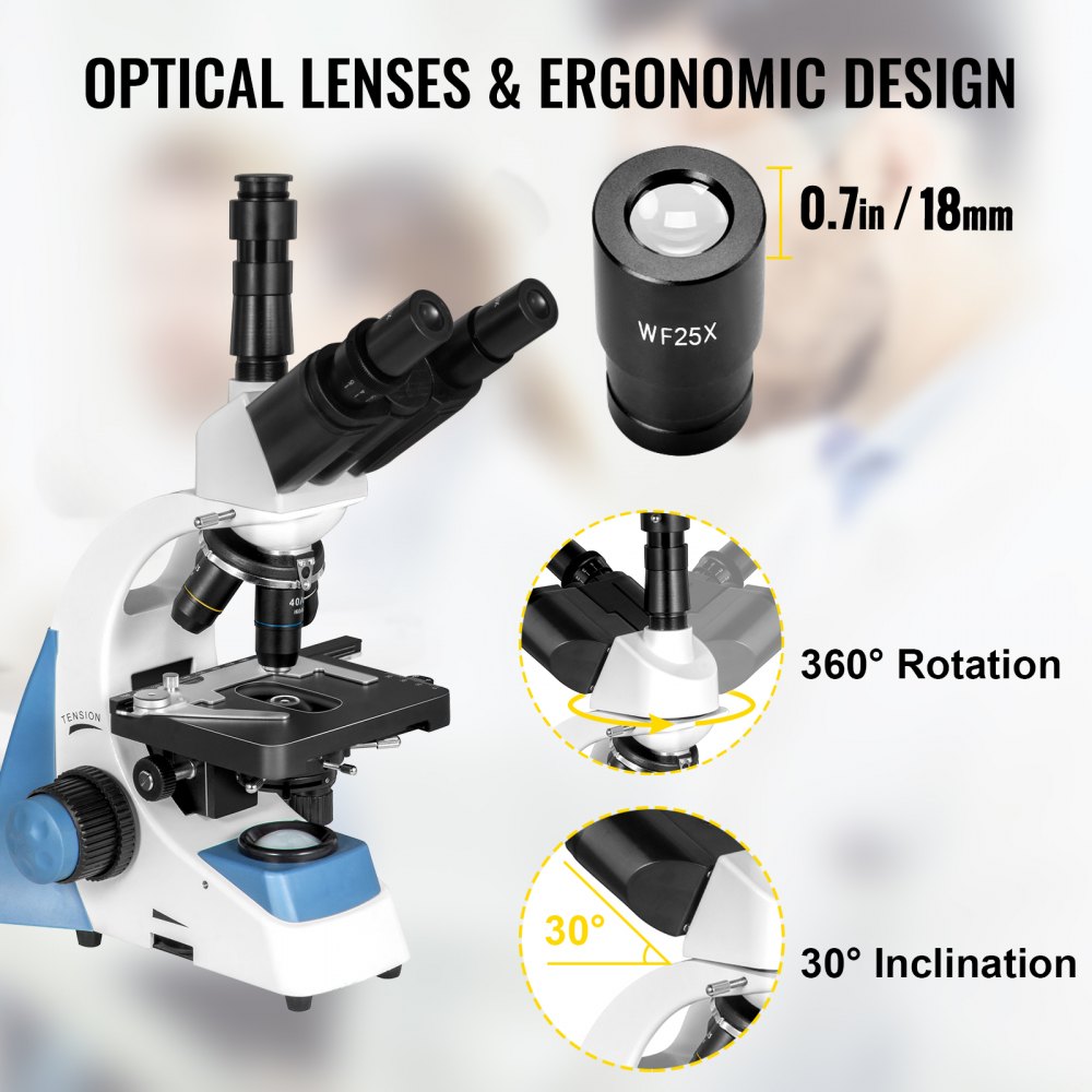 Vevor Trinocular Compound Microscope Compound Light Microscope 40x-2500x W/ Led