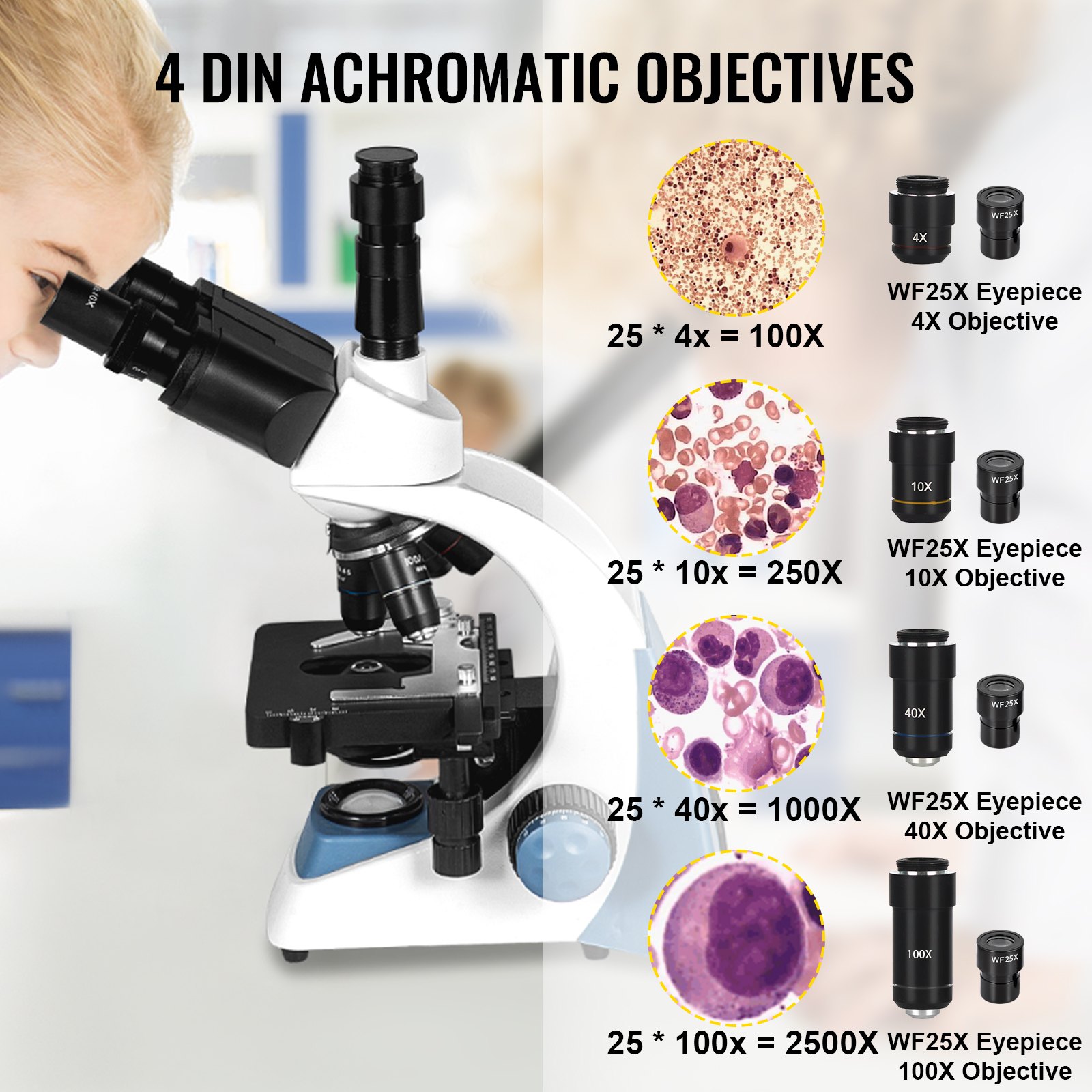 Vevor Trinocular Compound Microscope Compound Light Microscope 40x-2500x W/ Led