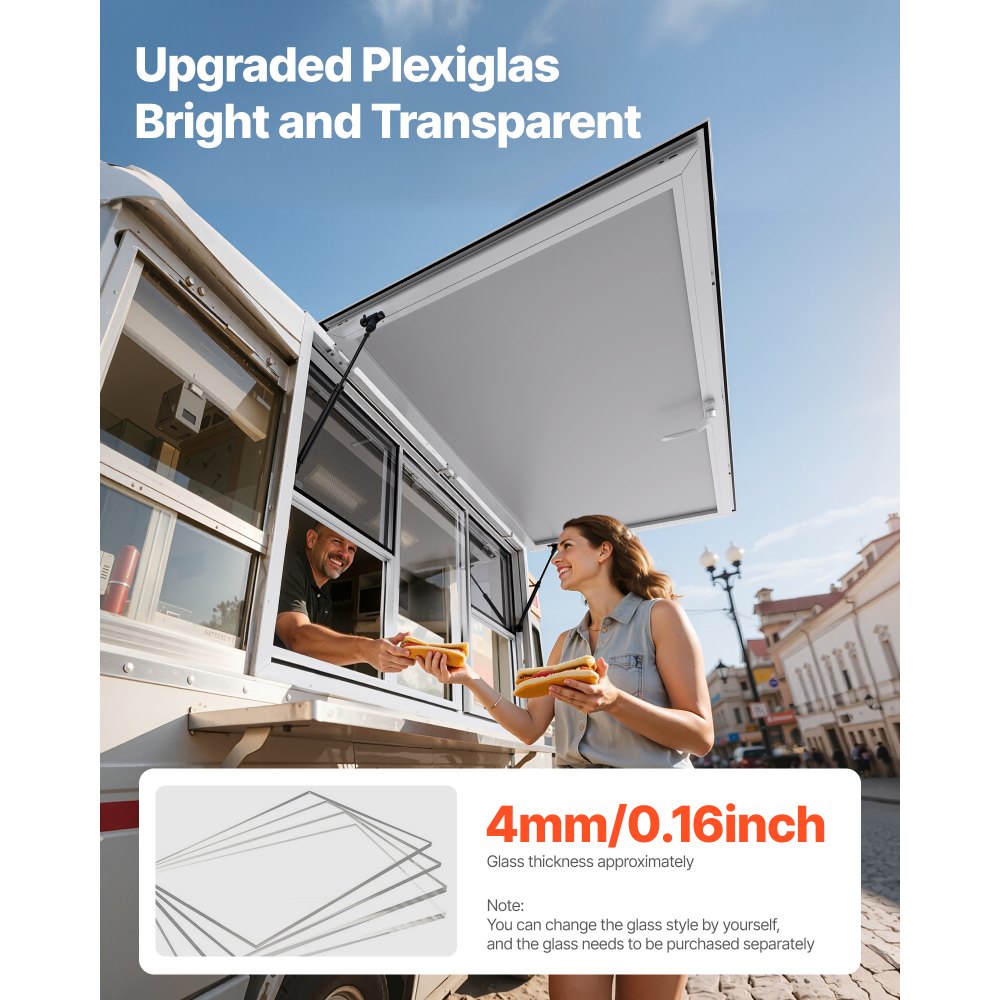 VEVOR Servírovací okno 152x92 cm, hliníkové slitinové servisní okno pro food truck, servírovací okno s úhlem otevření až 85 stupňů, 6 posuvnými okny, markýzou a tažným hákem, pro koncesní přívěsy