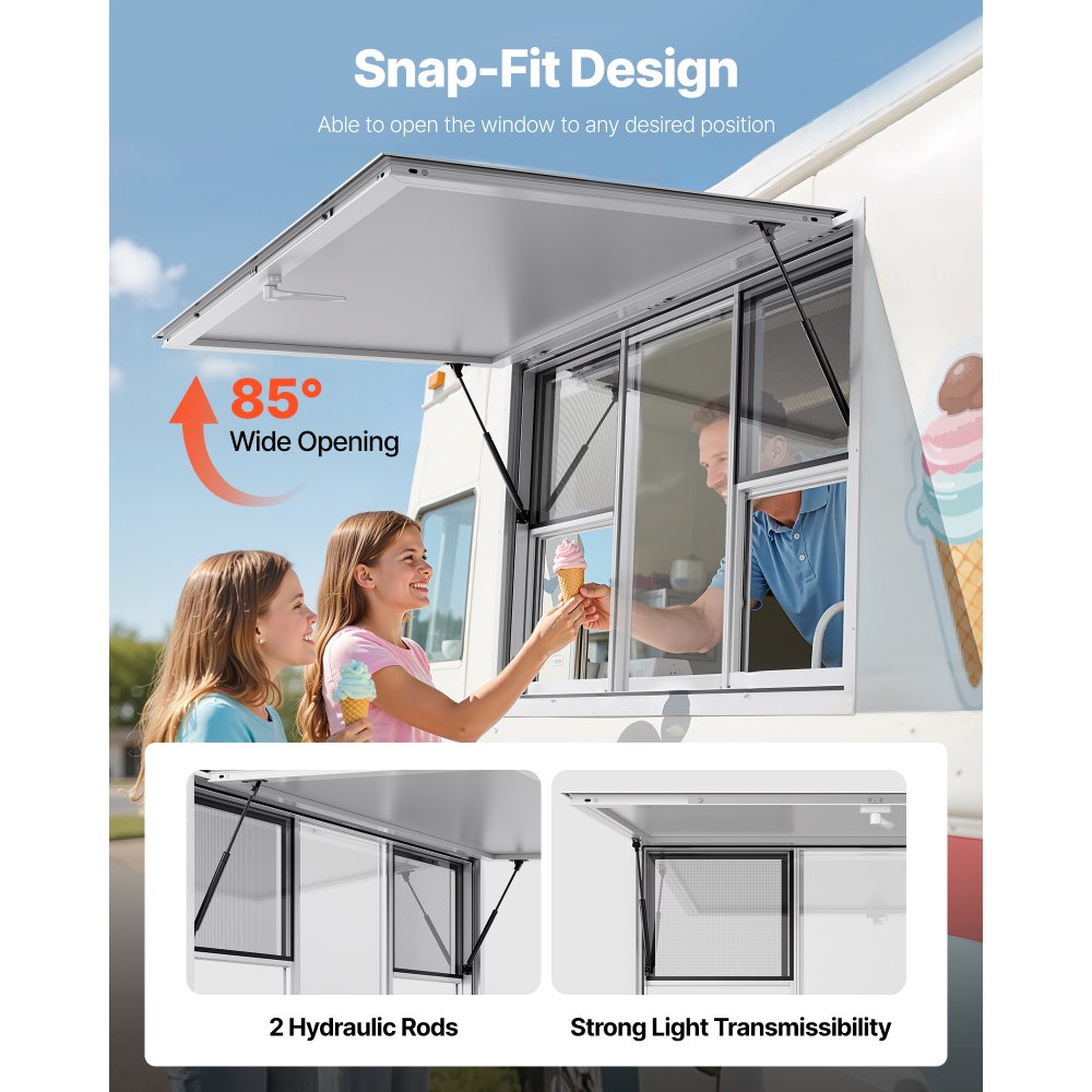VEVOR Servírovací okno 152x92 cm, hliníkové slitinové servisní okno pro food truck, servírovací okno s úhlem otevření až 85 stupňů, 6 posuvnými okny, markýzou a tažným hákem, pro koncesní přívěsy