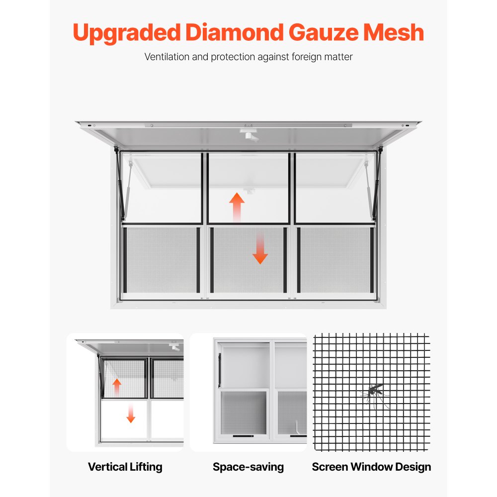VEVOR Concession Window 60x36 in, Aluminum Alloy Service Window for Food Truck, Up to 85 Degrees Stand Serving Window with 3 Sliding Windows, Awning Door, and Drag Hook, for Concession Trailers
