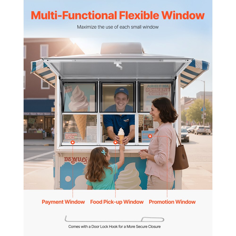 VEVOR Concession Window 60x36 in, Aluminum Alloy Service Window for Food Truck, Up to 85 Degrees Stand Serving Window with 3 Sliding Windows, Awning Door, and Drag Hook, for Concession Trailers