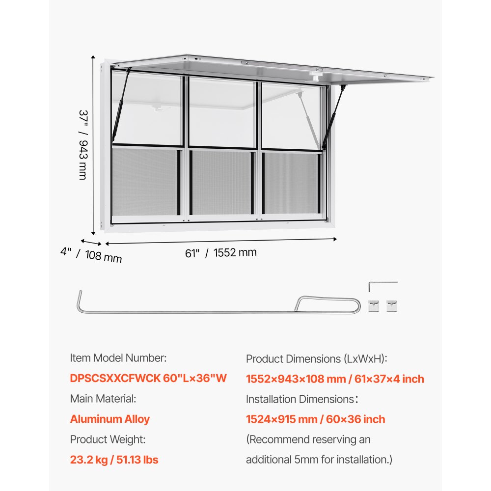 VEVOR Concession Window 60x36 in, Aluminum Alloy Service Window for Food Truck, Up to 85 Degrees Stand Serving Window with 3 Sliding Windows, Awning Door, and Drag Hook, for Concession Trailers