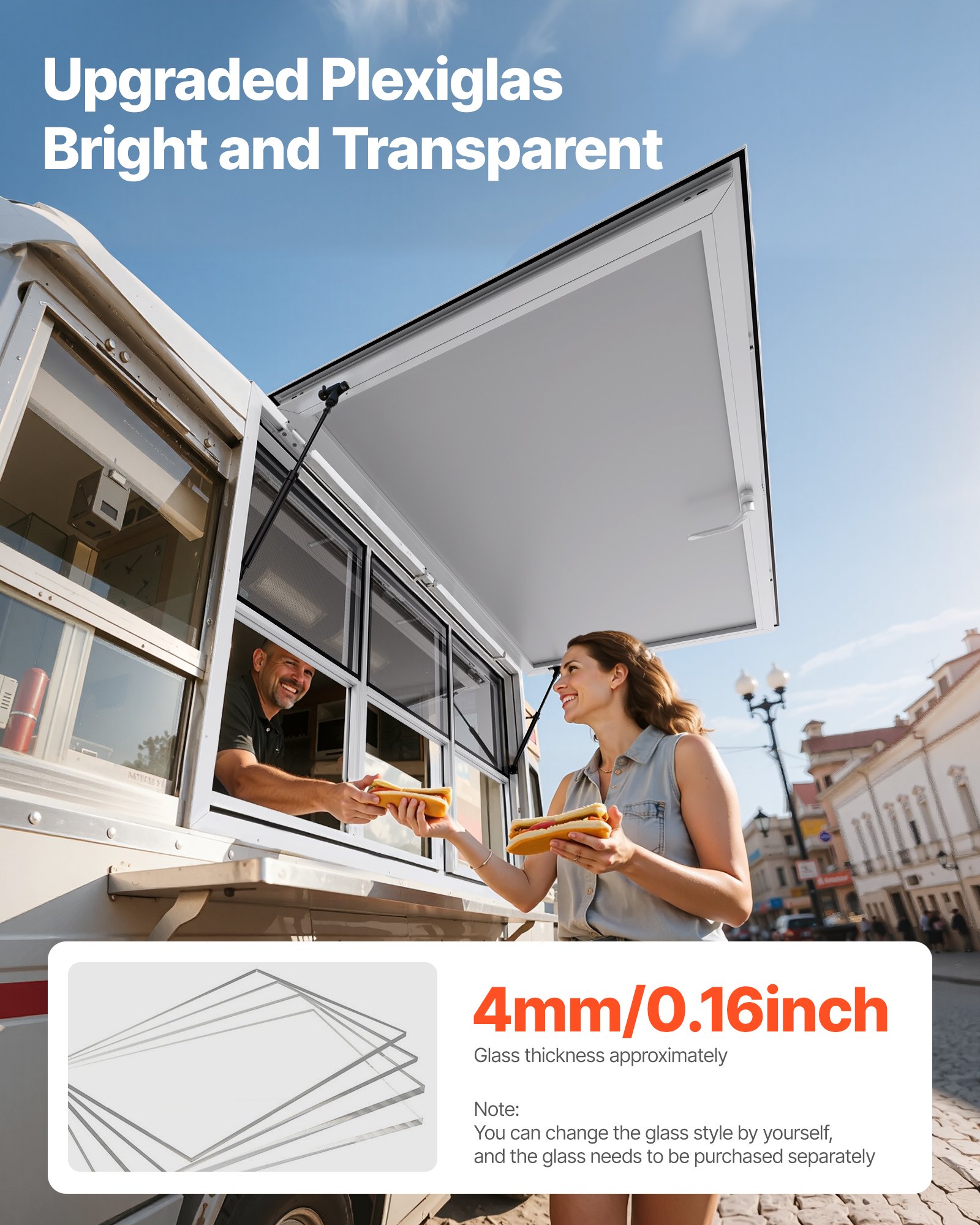 VEVOR Concession Window 60x36 in, Aluminum Alloy Service Window for Food Truck, Up to 85 Degrees Stand Serving Window with 3 Sliding Windows, Awning Door, and Drag Hook, for Concession Trailers