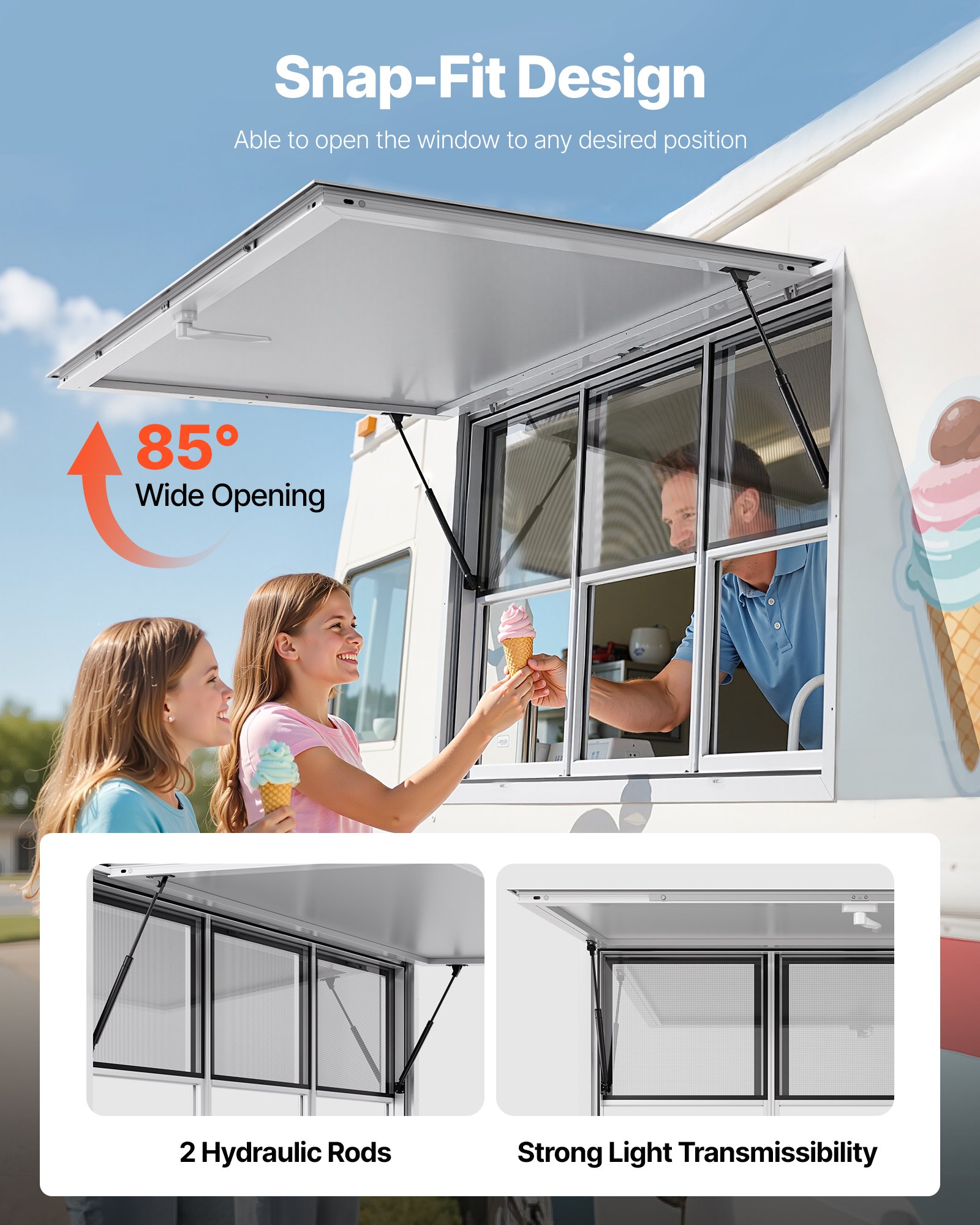 VEVOR Concession Window 60x36 in, Aluminum Alloy Service Window for Food Truck, Up to 85 Degrees Stand Serving Window with 3 Sliding Windows, Awning Door, and Drag Hook, for Concession Trailers
