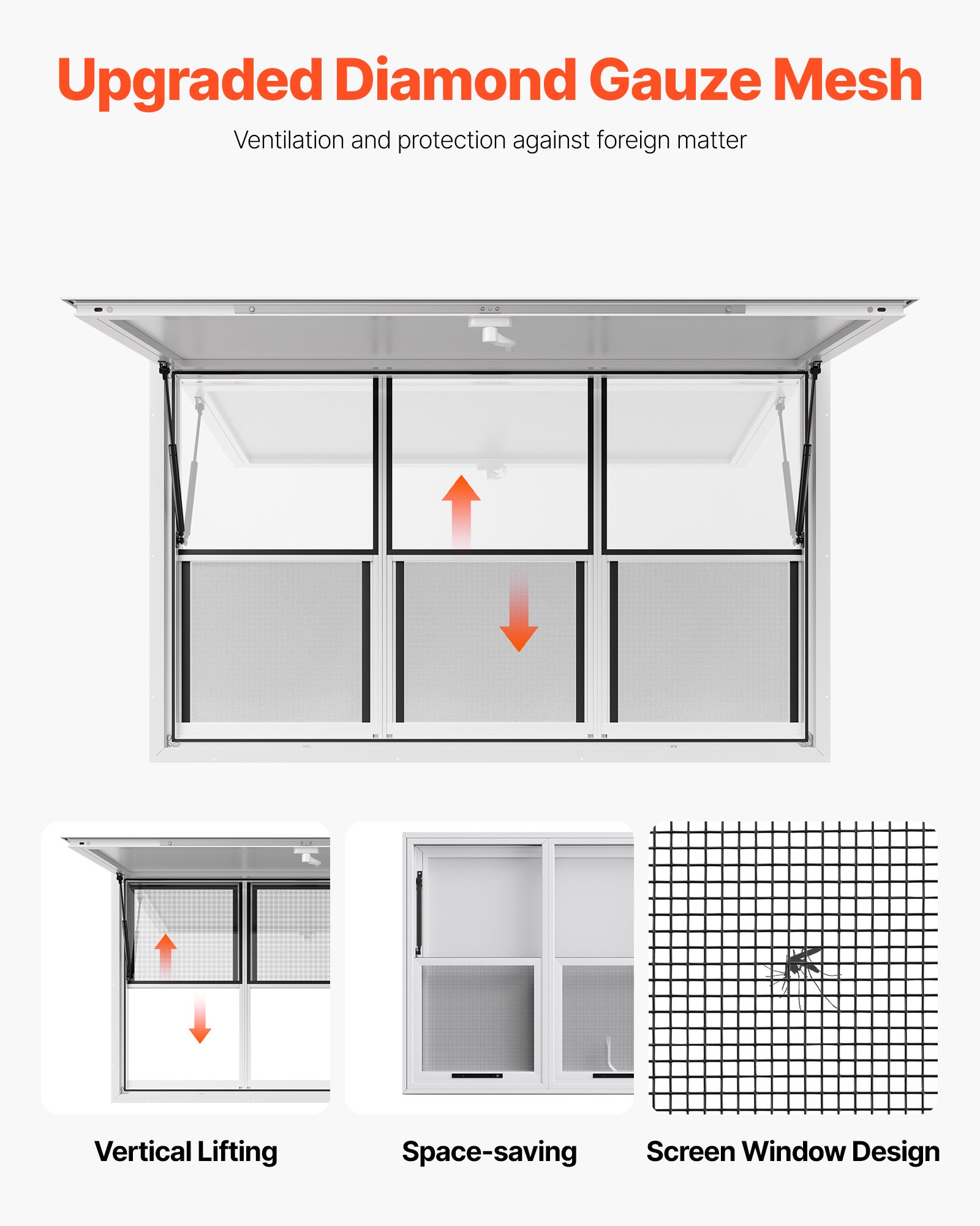 VEVOR Concession Window 60x36 in, Aluminum Alloy Service Window for Food Truck, Up to 85 Degrees Stand Serving Window with 3 Sliding Windows, Awning Door, and Drag Hook, for Concession Trailers