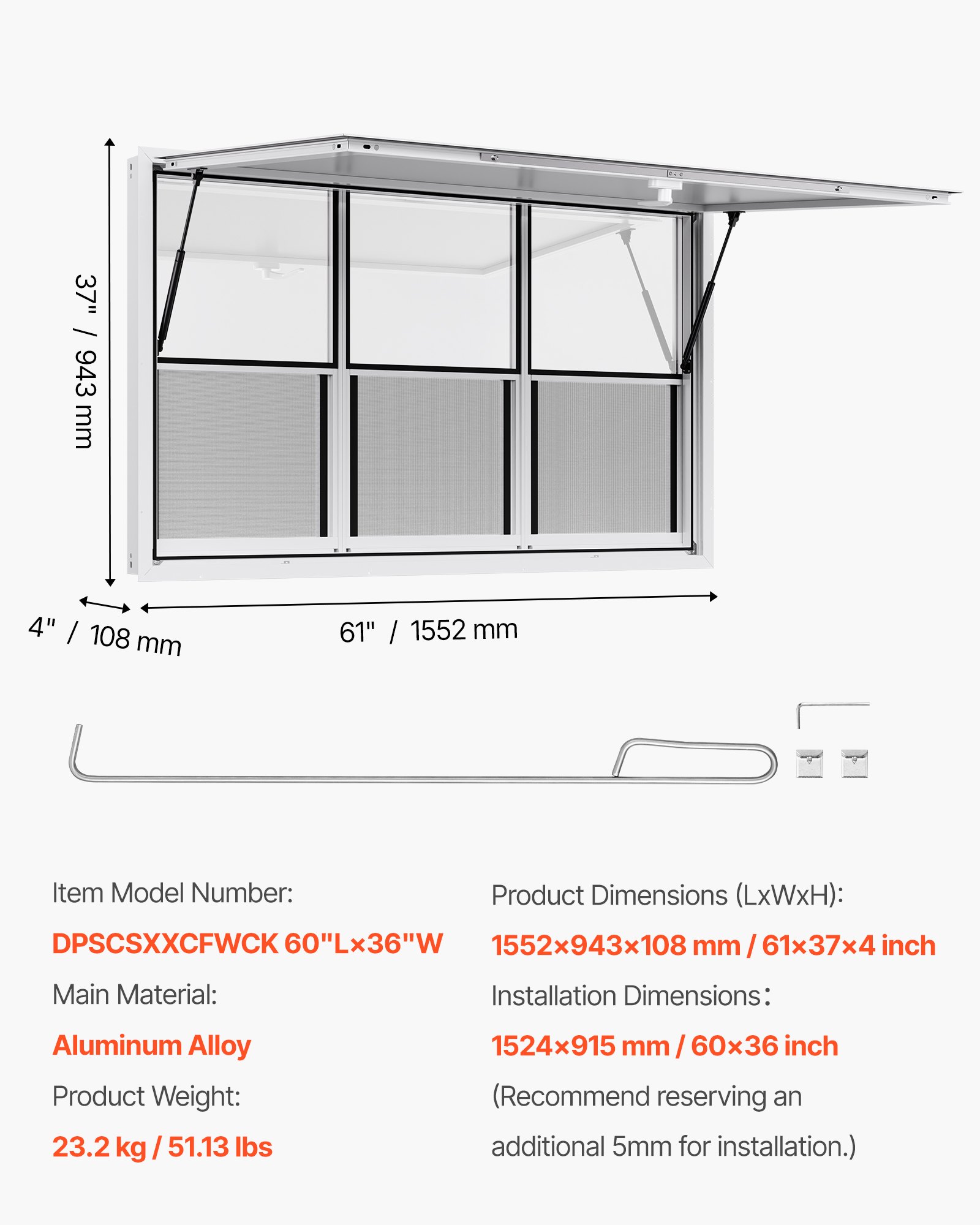 VEVOR Concession Window 60x36 in, Aluminum Alloy Service Window for Food Truck, Up to 85 Degrees Stand Serving Window with 3 Sliding Windows, Awning Door, and Drag Hook, for Concession Trailers