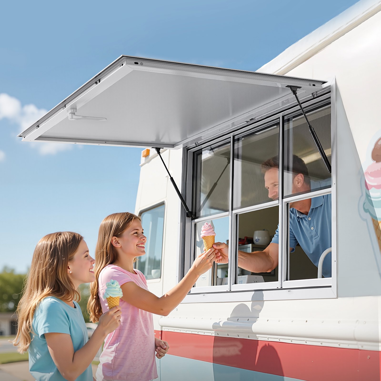 VEVOR Concession Window 60x36 in, Aluminum Alloy Service Window for Food Truck, Up to 85 Degrees Stand Serving Window with 3 Sliding Windows, Awning Door, and Drag Hook, for Concession Trailers