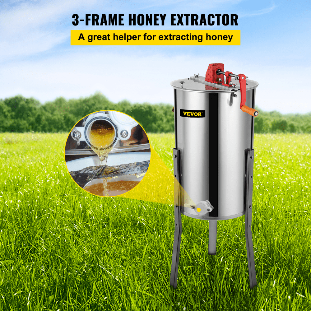 VEVOR 3 Frame Manual Honey Extractor Separator Stainless Steel Bee Extractor Stainless Steel Honeycomb Spinner Crank. Beekeeping Extraction Apiary Centrifuge Equipment
