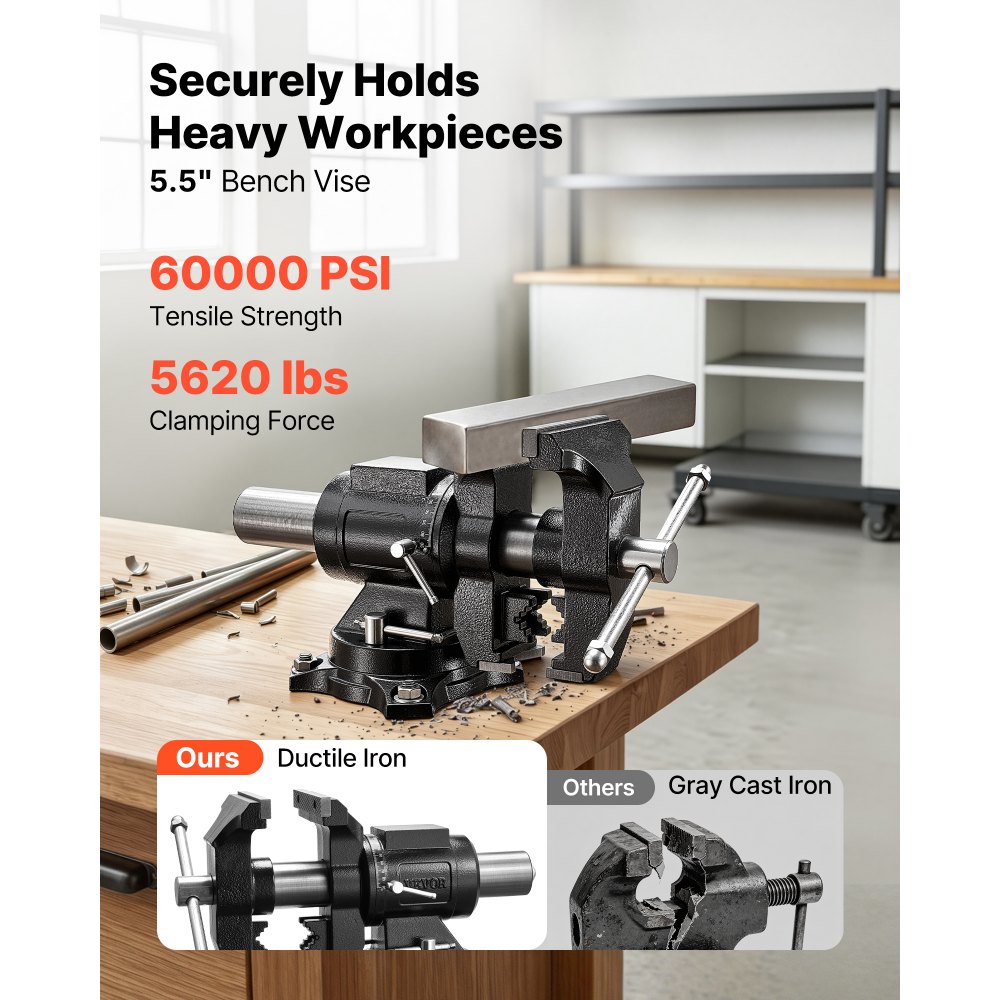 VEVOR Heavy Duty Bench Vise, 5.5" Jaw Width, Double Swivel Rotating Multi-Purpose Bench Vise, with 360° Locking Swivel Base and Head, 2.76" Throat Depth, 5" Max Jaw Opening, for Drilling Pipe Cutting