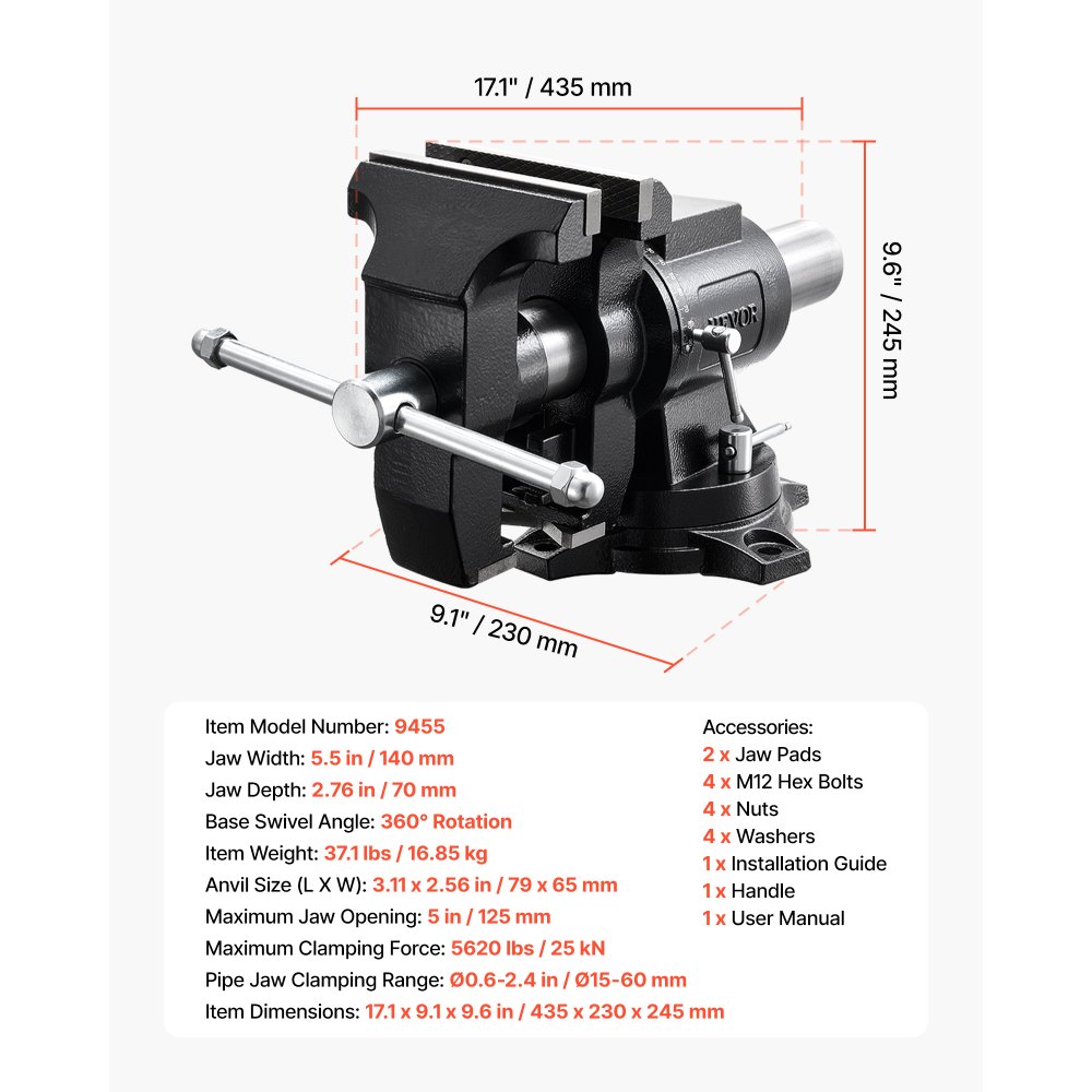 VEVOR Heavy Duty Bench Vise, 5.5" Jaw Width, Double Swivel Rotating Multi-Purpose Bench Vise, with 360° Locking Swivel Base and Head, 2.76" Throat Depth, 5" Max Jaw Opening, for Drilling Pipe Cutting